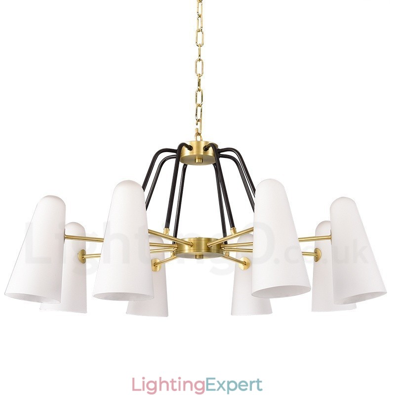 8 Light Retro Rustic Luxury Brass Pendant Lamp Chandelier with Glass Shade