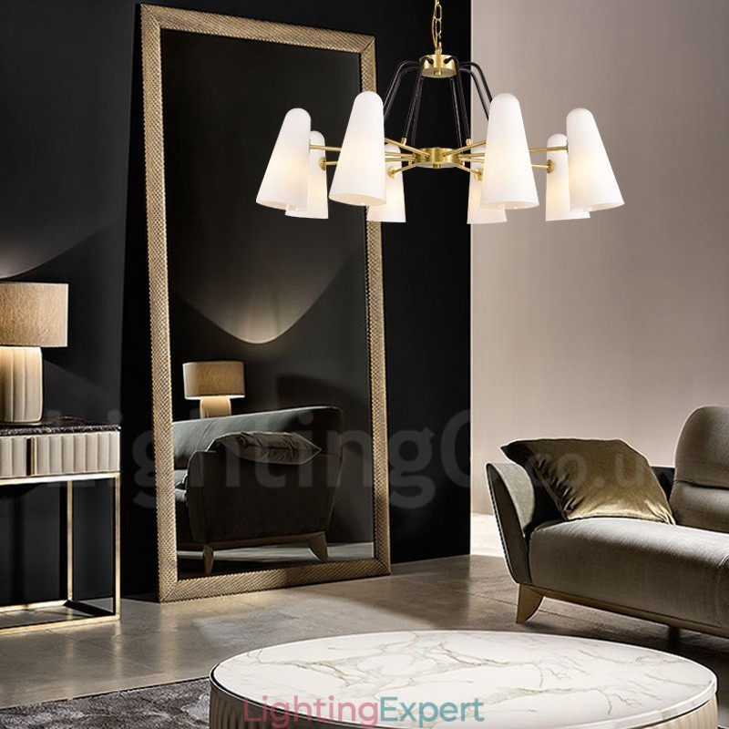 8 Light Retro Rustic Luxury Brass Pendant Lamp Chandelier with Glass Shade