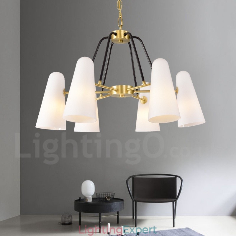 6 Light Retro Rustic Luxury Brass Pendant Lamp Chandelier with Glass Shade