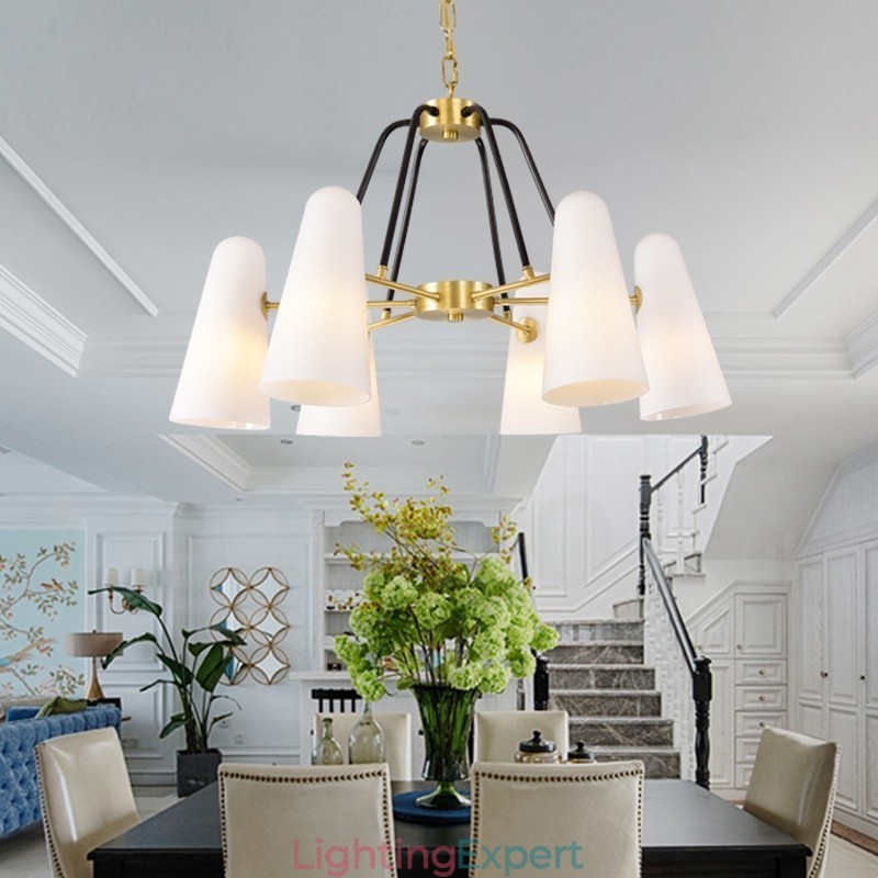 6 Light Retro Rustic Luxury Brass Pendant Lamp Chandelier with Glass Shade