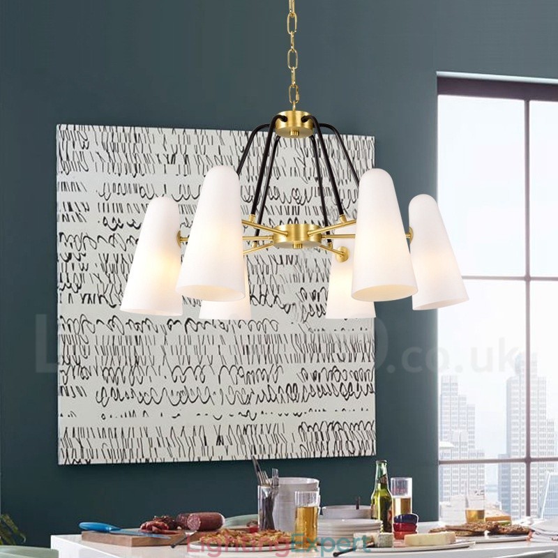 6 Light Retro Rustic Luxury Brass Pendant Lamp Chandelier with Glass Shade