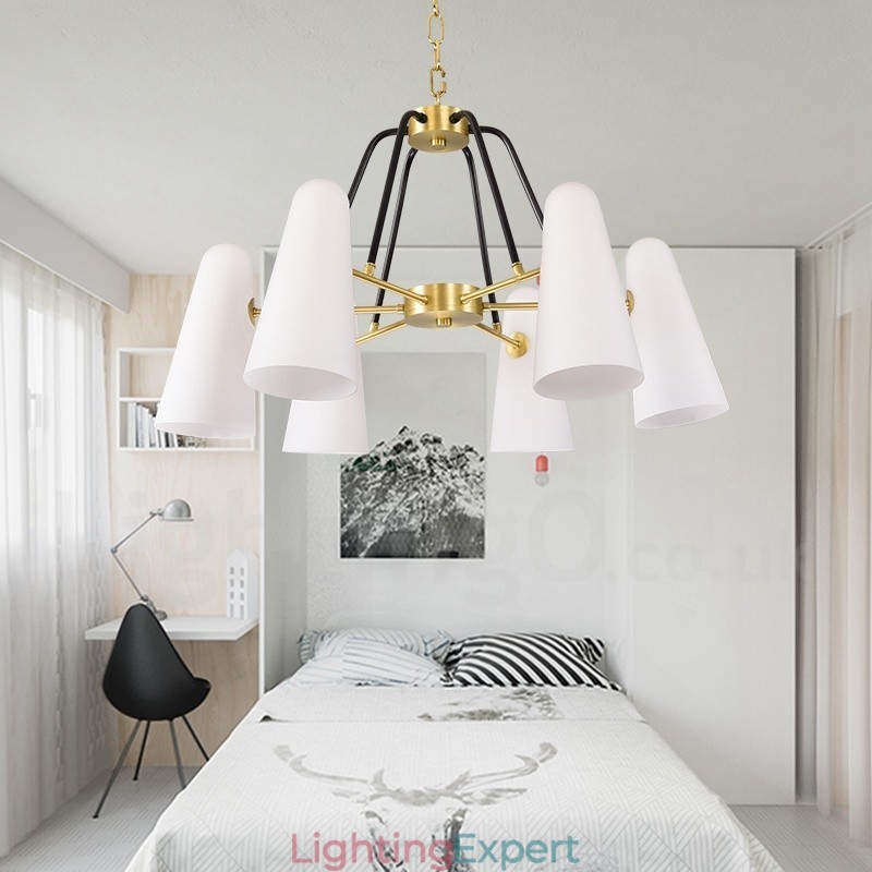 6 Light Retro Rustic Luxury Brass Pendant Lamp Chandelier with Glass Shade