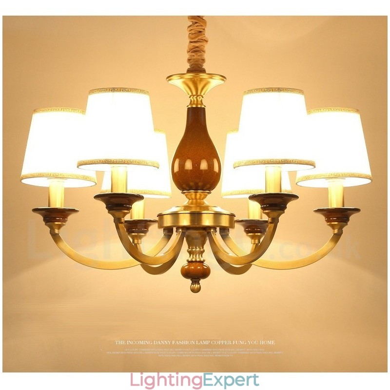 6 Light Retro Rustic Luxury Brass Pendant Lamp Chandelier with Glass Shade