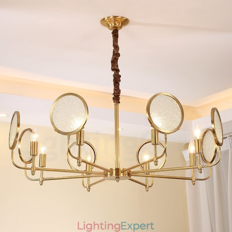 8 Light Retro Rustic Luxury Brass Pendant Lamp Chandelier with Glass Shade
