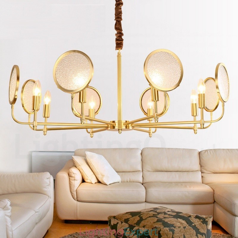 8 Light Retro Rustic Luxury Brass Pendant Lamp Chandelier with Glass Shade