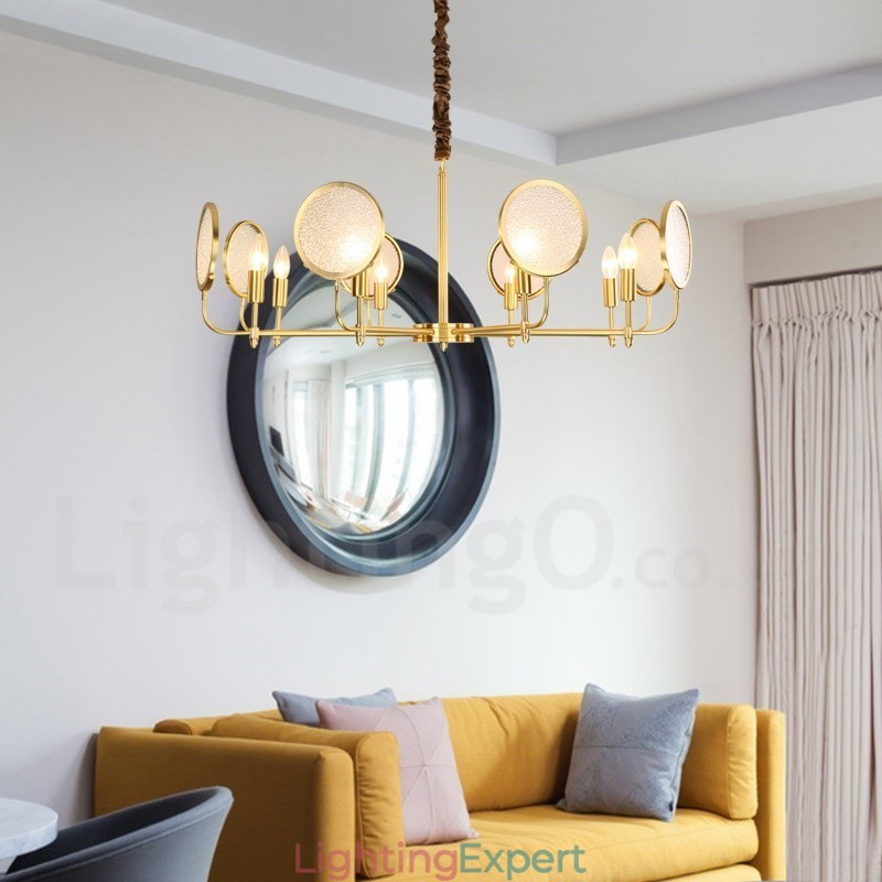 8 Light Retro Rustic Luxury Brass Pendant Lamp Chandelier with Glass Shade