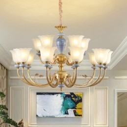 15 Light Retro Rustic Luxury Brass Pendant Lamp Chandelier with Glass Shade