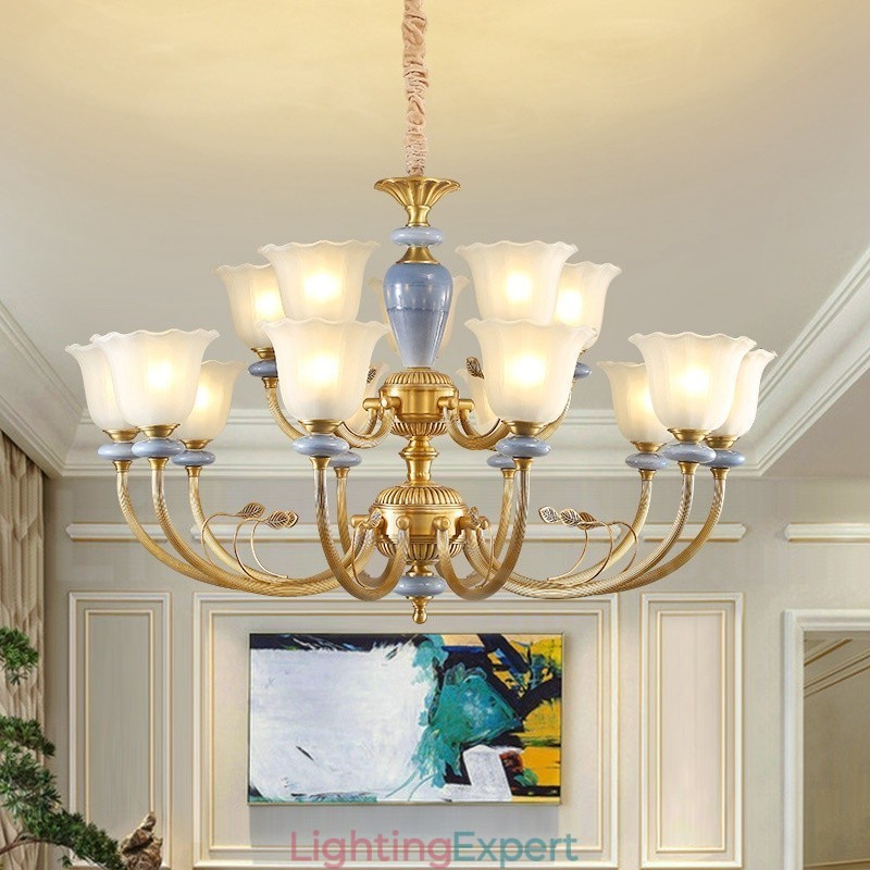 15 Light Retro Rustic Luxury Brass Pendant Lamp Chandelier with Glass Shade