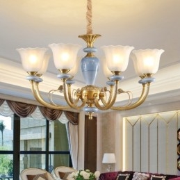 8 Light Retro Rustic Luxury Brass Pendant Lamp Chandelier with Glass Shade