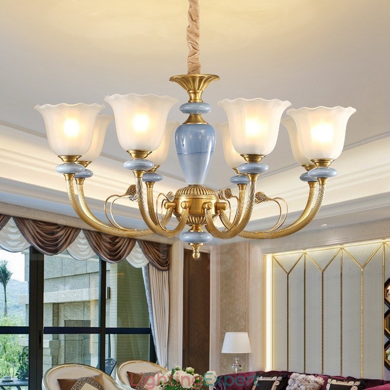 8 Light Retro Rustic Luxury Brass Pendant Lamp Chandelier with Glass Shade