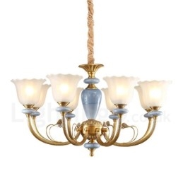 8 Light Retro Rustic Luxury Brass Pendant Lamp Chandelier with Glass Shade