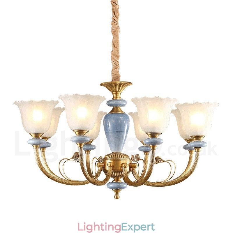8 Light Retro Rustic Luxury Brass Pendant Lamp Chandelier with Glass Shade