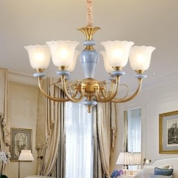 6 Light Retro Rustic Luxury Brass Pendant Lamp Chandelier with Glass Shade