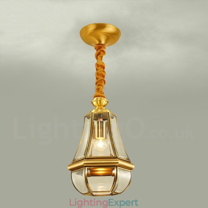 1 Light Retro Rustic Luxury Brass Pendant Lamp Chandelier with Glass Shade