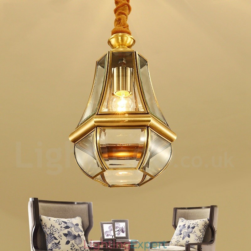 1 Light Retro Rustic Luxury Brass Pendant Lamp Chandelier with Glass Shade