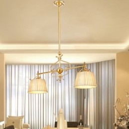 2 Light Retro Rustic Luxury Brass Pendant Lamp Chandelier with Fabric Shade