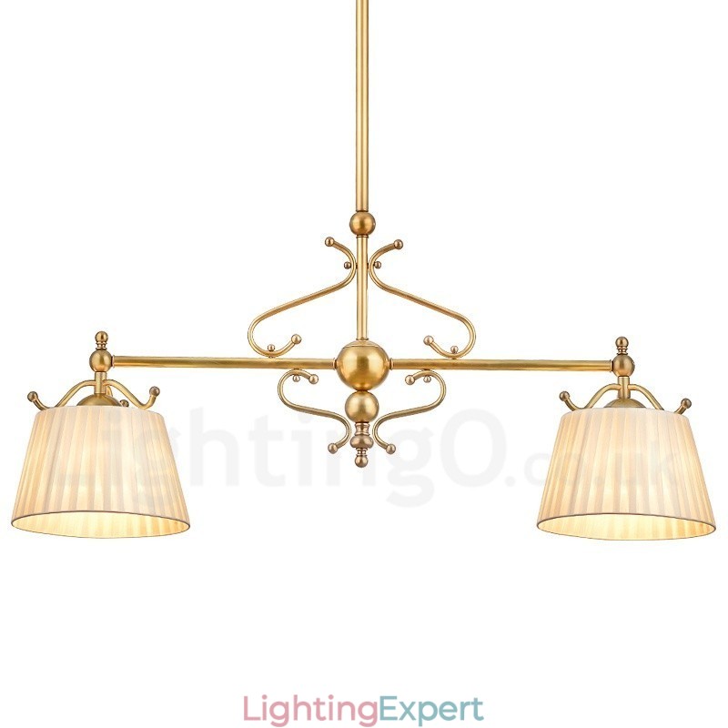 2 Light Retro Rustic Luxury Brass Pendant Lamp Chandelier with Fabric Shade