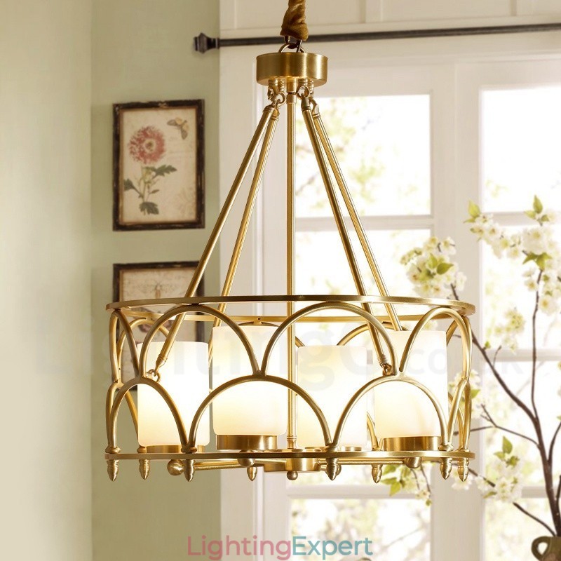 4 Light Retro Rustic Luxury Brass Pendant Lamp Chandelier with Glass Shade