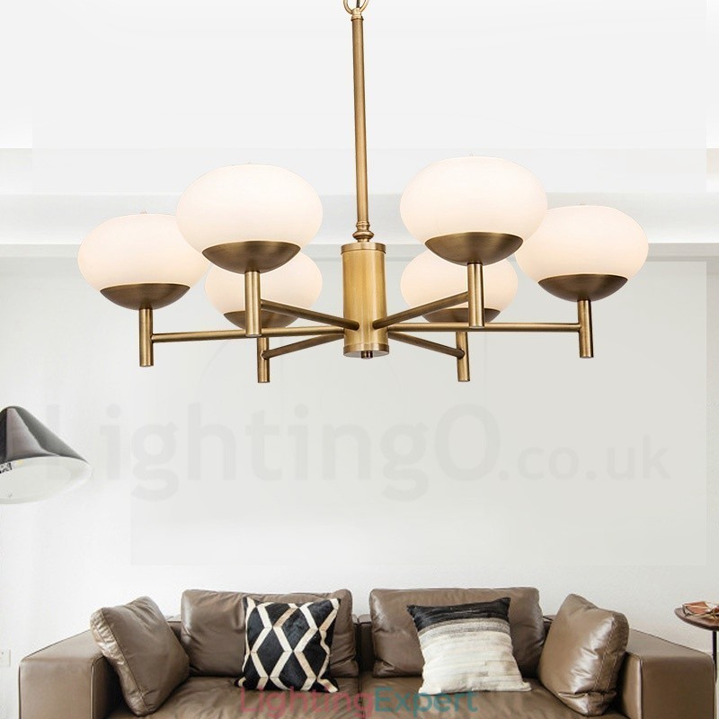 6 Light Retro Rustic Luxury Brass Pendant Lamp Chandelier with Glass Shade