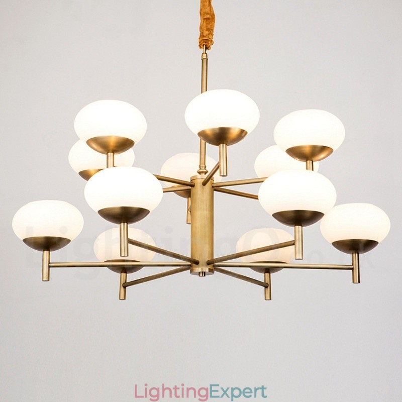 12 Light Retro Rustic Luxury Brass Pendant Lamp Chandelier with Glass Shade