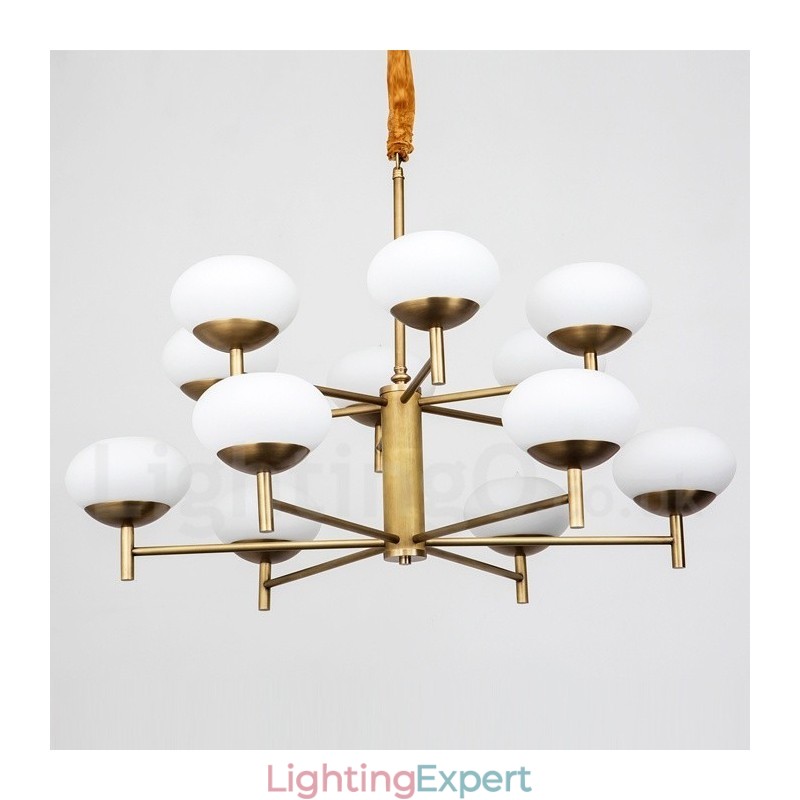 12 Light Retro Rustic Luxury Brass Pendant Lamp Chandelier with Glass Shade