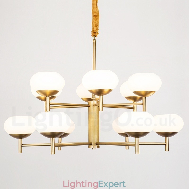 12 Light Retro Rustic Luxury Brass Pendant Lamp Chandelier with Glass Shade