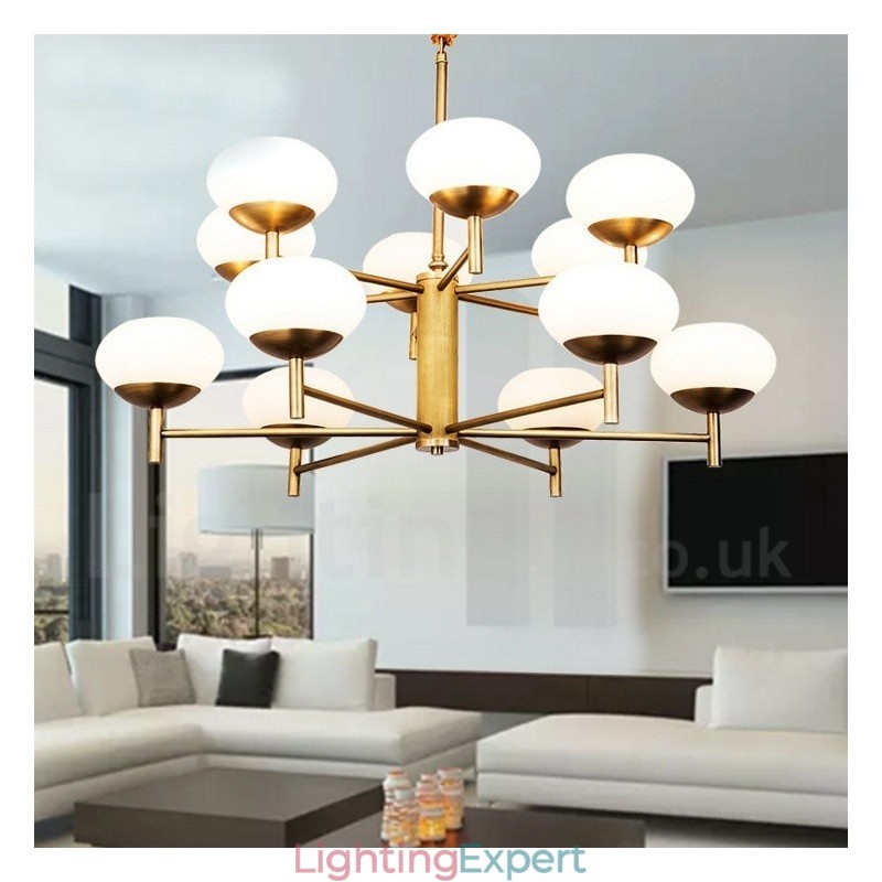 12 Light Retro Rustic Luxury Brass Pendant Lamp Chandelier with Glass Shade
