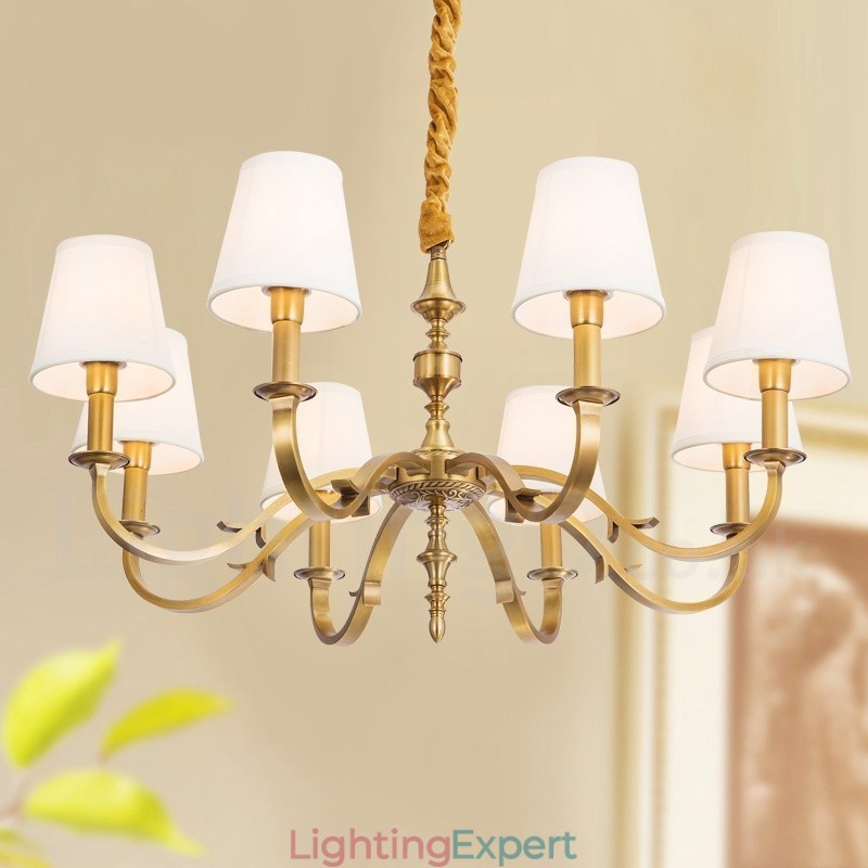 8 Light Retro Rustic Luxury Brass Pendant Lamp Chandelier with Fabric Shade
