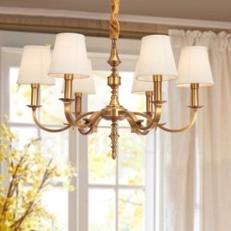 6 Light Retro Rustic Luxury Brass Pendant Lamp Chandelier with Fabric Shade