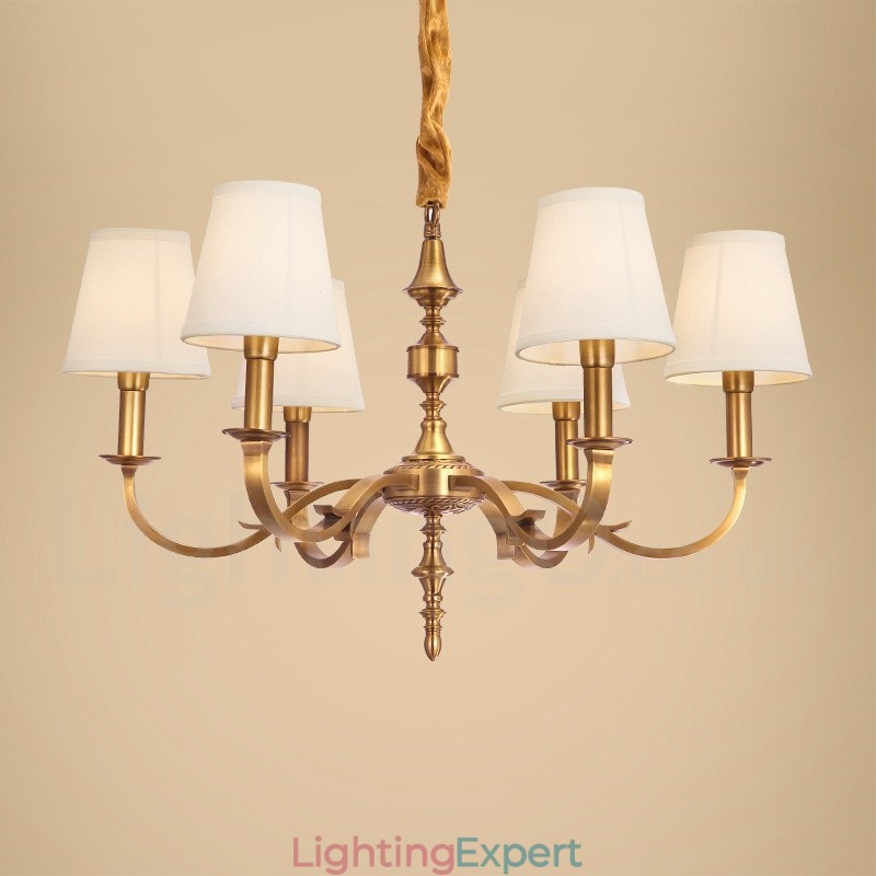 6 Light Retro Rustic Luxury Brass Pendant Lamp Chandelier with Fabric Shade