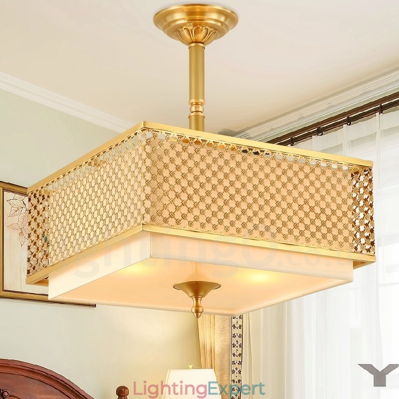 4 Light Retro Rustic Luxury Brass Pendant Lamp Chandelier with Fabric Shade