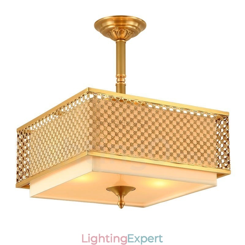 4 Light Retro Rustic Luxury Brass Pendant Lamp Chandelier with Fabric Shade