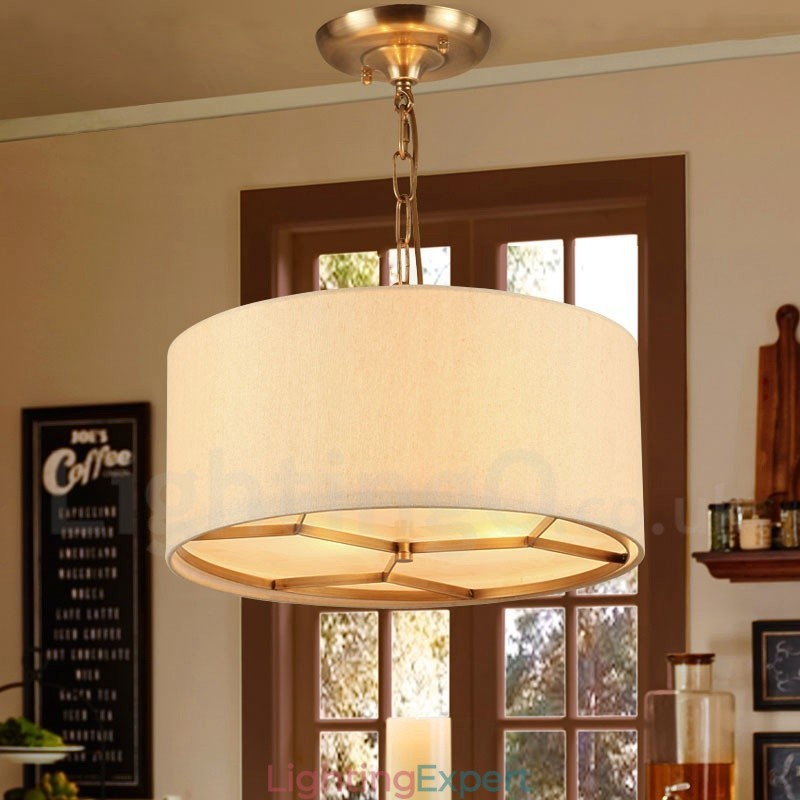 4 Light Retro Rustic Luxury Brass Pendant Lamp Chandelier with Fabric Shade
