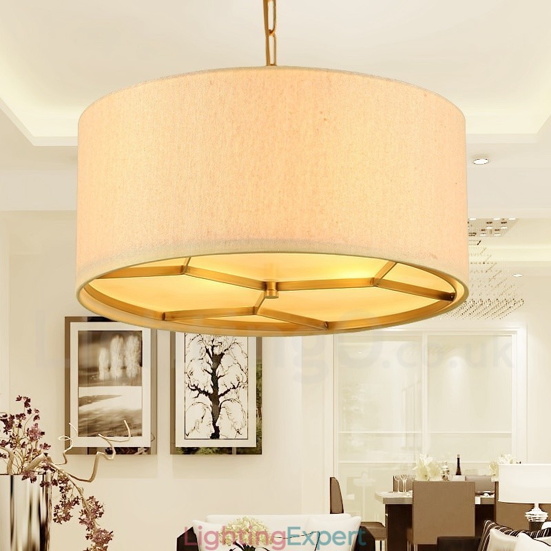 4 Light Retro Rustic Luxury Brass Pendant Lamp Chandelier with Fabric Shade
