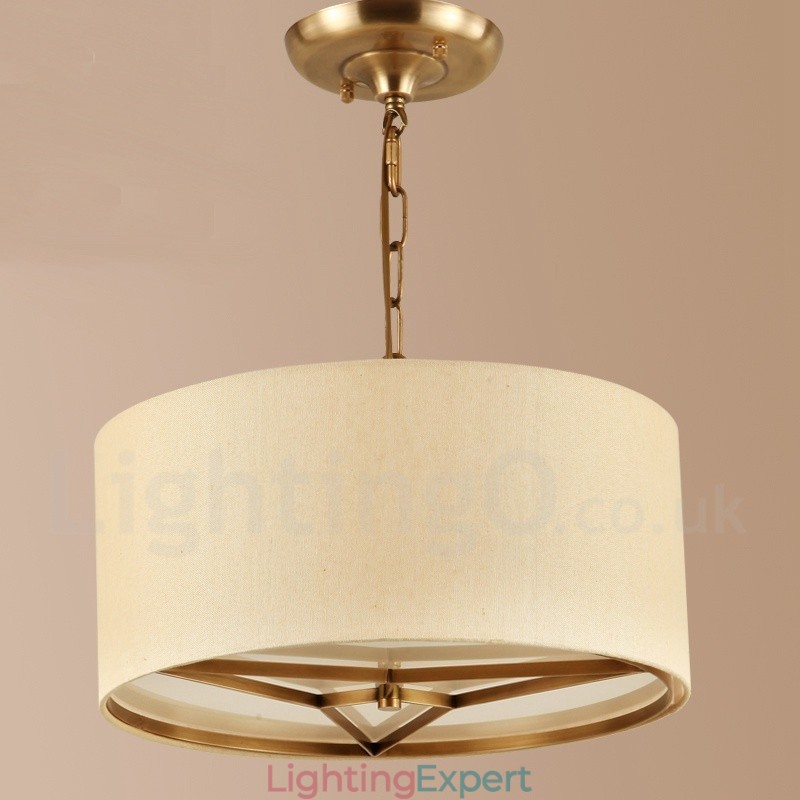 4 Light drum Retro Rustic Luxury Brass Pendant Lamp Chandelier with Fabric Shade