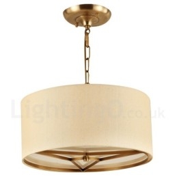 4 Light drum Retro Rustic Luxury Brass Pendant Lamp Chandelier with Fabric Shade