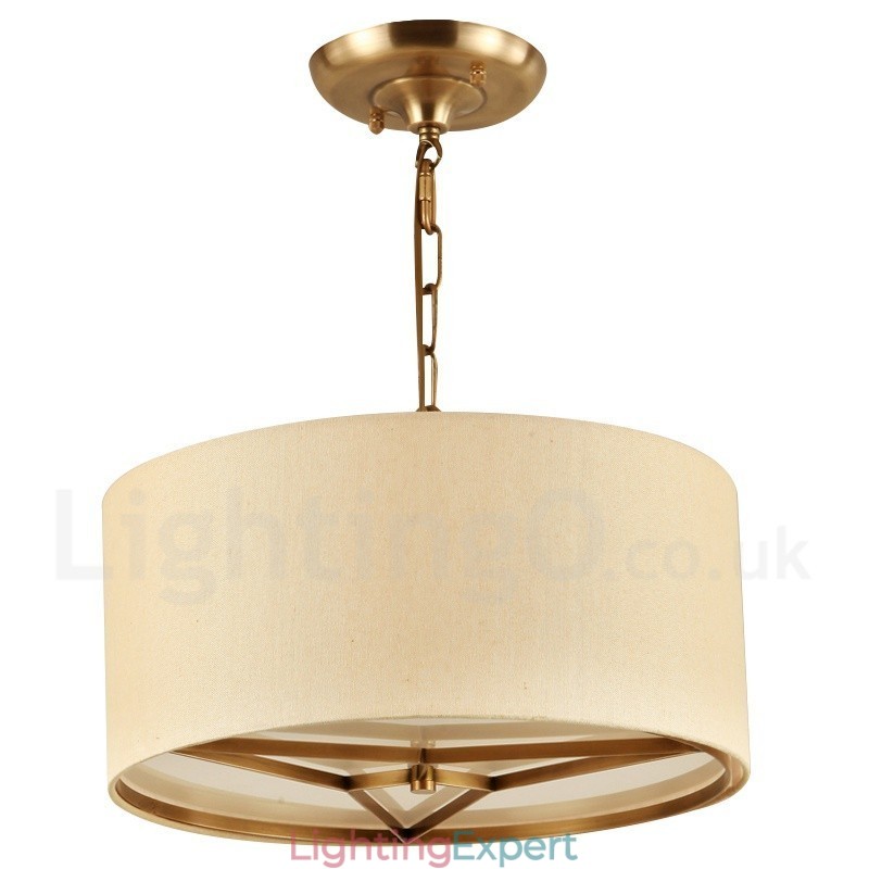 4 Light drum Retro Rustic Luxury Brass Pendant Lamp Chandelier with Fabric Shade