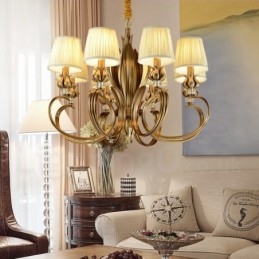 8 Light Retro Rustic Luxury Brass Pendant Lamp Chandelier with Fabric Shade