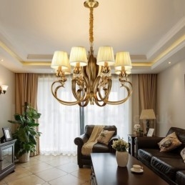 8 Light Retro Rustic Luxury Brass Pendant Lamp Chandelier with Fabric Shade