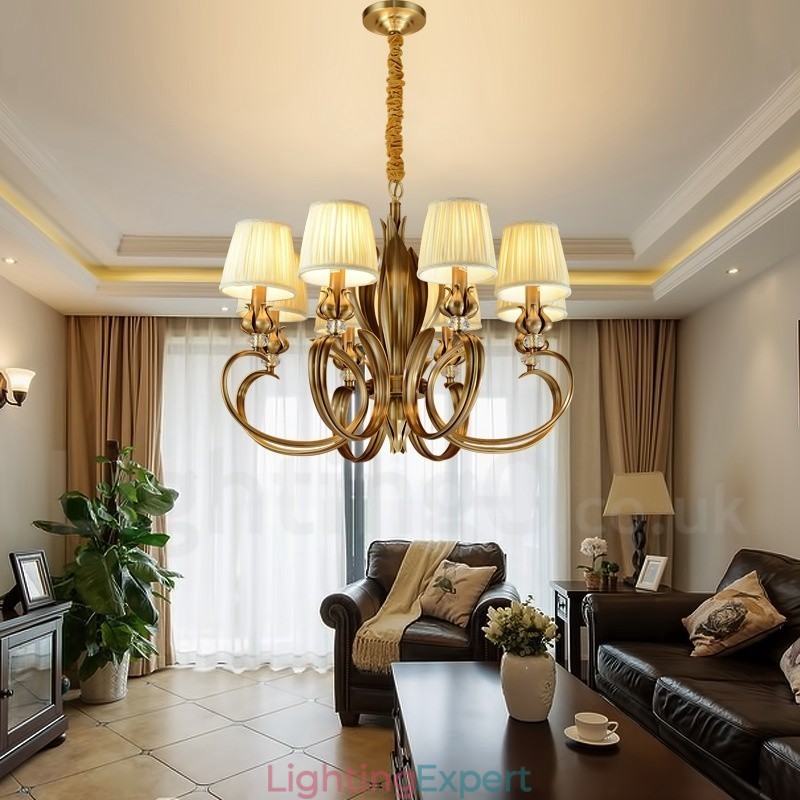 8 Light Retro Rustic Luxury Brass Pendant Lamp Chandelier with Fabric Shade