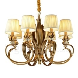 8 Light Retro Rustic Luxury Brass Pendant Lamp Chandelier with Fabric Shade