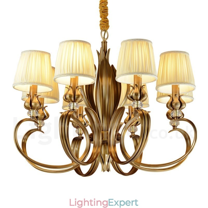 8 Light Retro Rustic Luxury Brass Pendant Lamp Chandelier with Fabric Shade