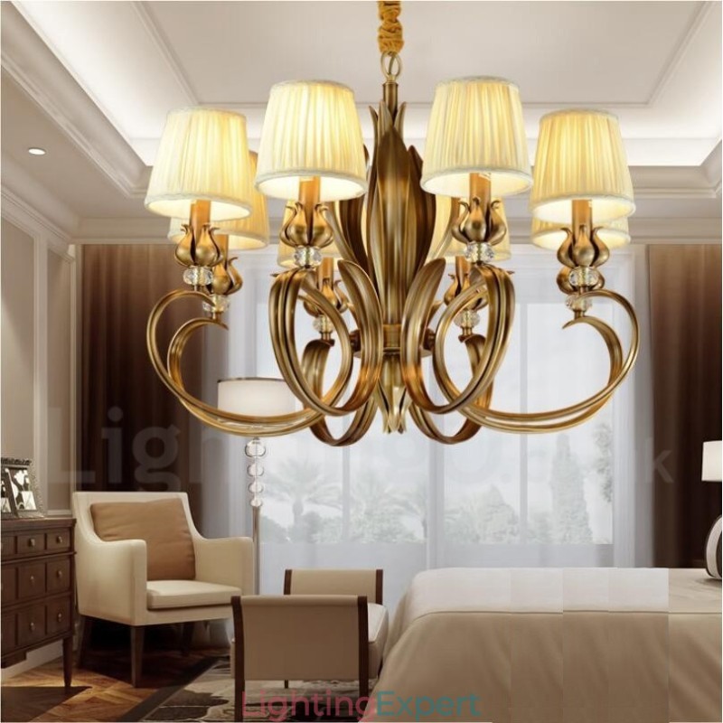 8 Light Retro Rustic Luxury Brass Pendant Lamp Chandelier with Fabric Shade