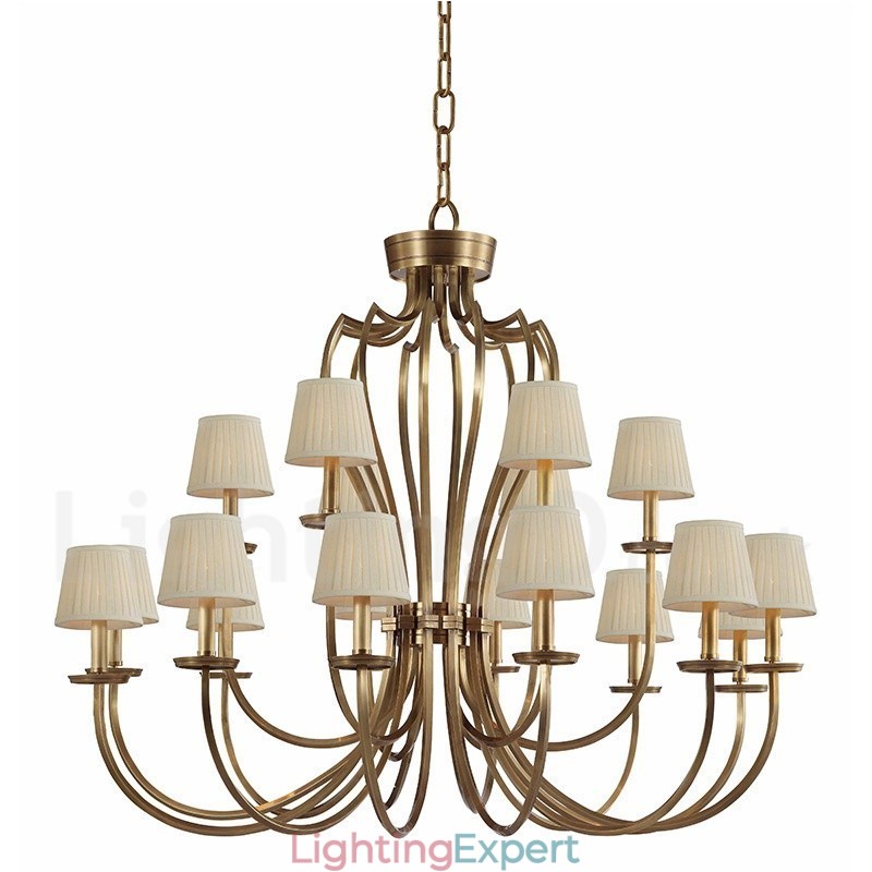 18 Light Retro Rustic Luxury Brass Pendant Lamp Chandelier with Fabric Shade
