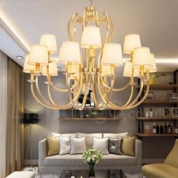 18 Light Retro Rustic Luxury Brass Pendant Lamp Chandelier with Fabric Shade