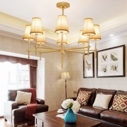 8 Light Retro Rustic Luxury Brass Pendant Lamp Chandelier with Fabric Shade