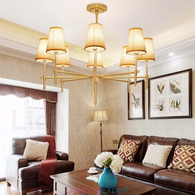 8 Light Retro Rustic Luxury Brass Pendant Lamp Chandelier with Fabric Shade