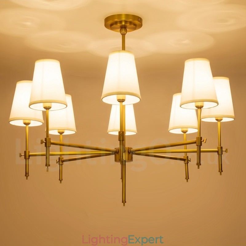 8 Light Retro Rustic Luxury Brass Pendant Lamp Chandelier with Fabric Shade