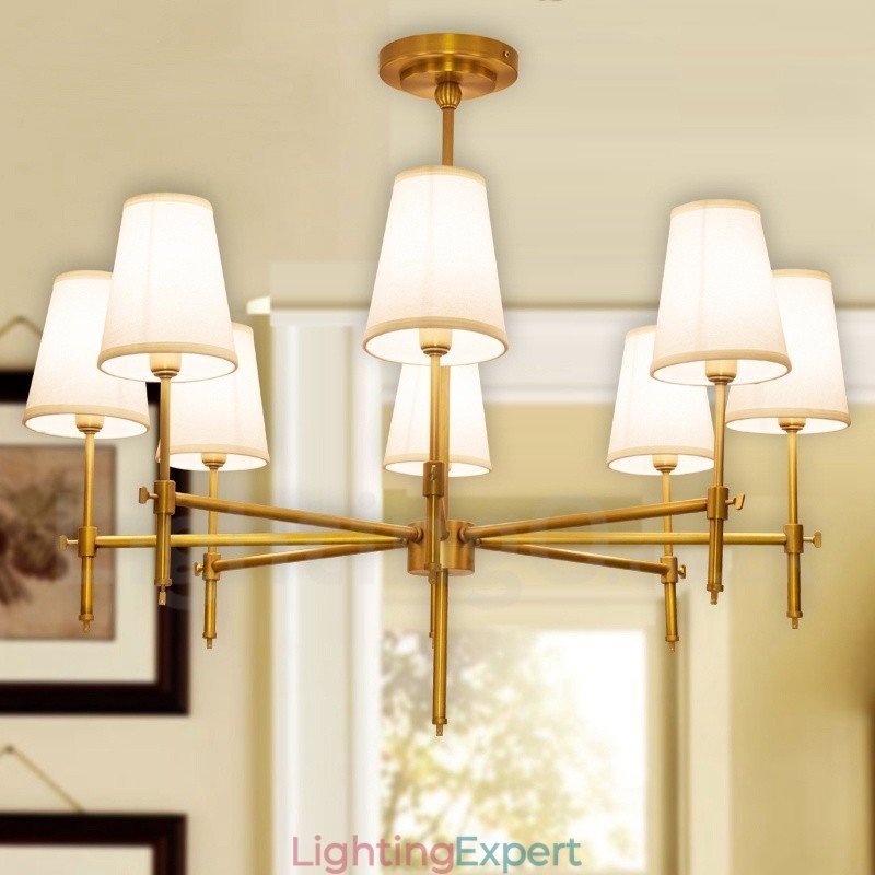 8 Light Retro Rustic Luxury Brass Pendant Lamp Chandelier with Fabric Shade