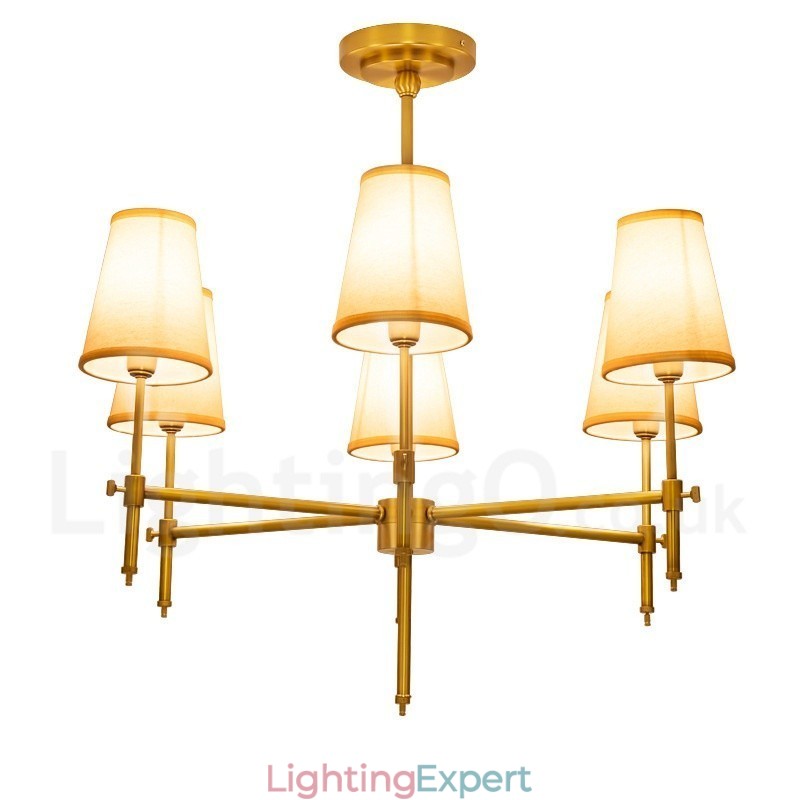 6 Light Retro Rustic Luxury Brass Pendant Lamp Chandelier with Fabric Shade